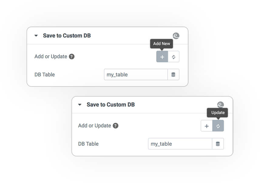 Pro Form ACTIONS Save customdb REGISTER and UPDATE
