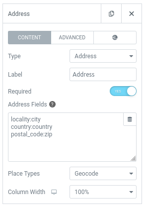 elementor form address field