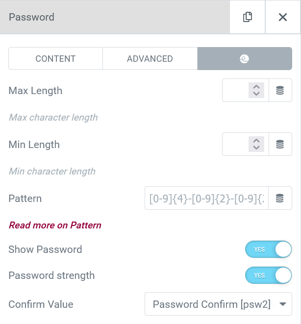elementor form field password