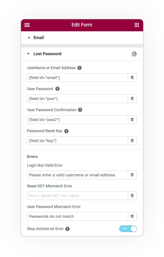 Pro Form ACTIONS LostPassword reset