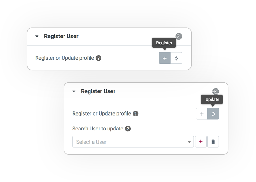 Pro Form ACTIONS Save user REGISTER and UPDATE