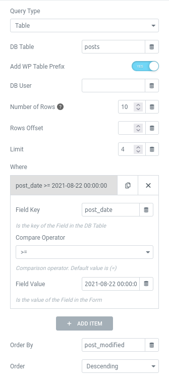 elementor query DB table