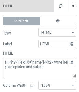 elementor html field shortcodes name