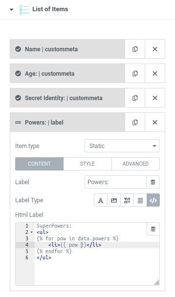 elementor data listing array